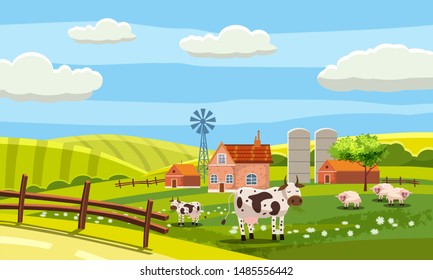 Rural farm landscape with green fields hills and farm village buildings animals cows sheeps. Vector illustration isolated baner poster
