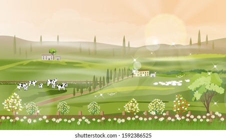 Rural farm landscape with green fields and barn animals cow, goats, sheep and windmills on hill with blue sky and clouds, Vector cartoon Spring or Summer landscape,Eco village or Organic farming in uk