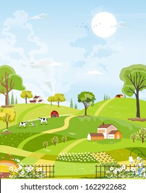 Rural Farm Landscape With Green Fields, Farm House, Barn, Animals Cow, Blue Sky And Clouds,  Vector Cartoon Spring Or Summer Background, Panoramic Countryside With Fram Fields Landscape.