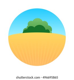 Rural Farm Landscape Illustration with Field at Sunny Day. Round Vector Emblem.
