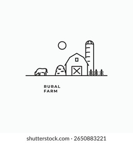 Rural Farm landscape logo design with simple line barn, silo, sun and cow. Minimal and charming farm logo sign symbol vector illustration