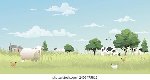 Landwirtschaftliche Landschaft am Morgen Vektorgrafik mit Leerraum. Viehflaeche für die Werbung für Öko- oder Tagesprodukte.