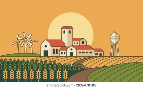 Rural farm landscape with wheat fields, a central building complex, water tower, and wind turbines under a setting sun.