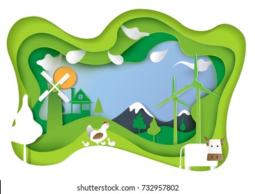 Rural farm and nature landscape paper carve concept.Agriculture conceptual design paper art style.Vector illustration.