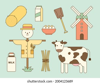 Rural farm objects. Scarecrows made from rice huts and milk from cows. outline simple vector illustration.