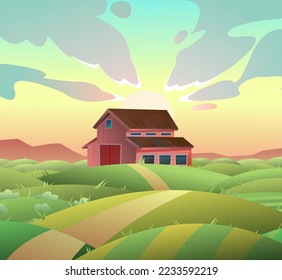 Rural farm red barn. Large livestock shed. Farmer design for growing pets and animals. Rural landscape with hilly vegetable gardens and a farmer road. Cartoon fun style. Flat design. Vector