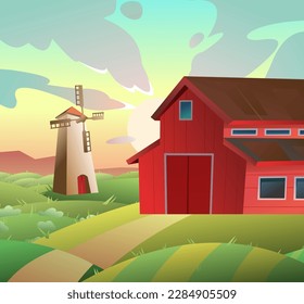 Rural farm red barn. Large livestock shed. Farmer design for growing pets and animals. Cartoon fun style. Flat design. Vector