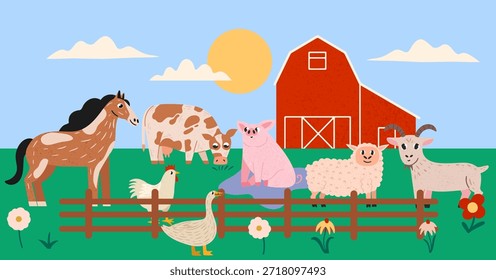 Landwirtschaftliche Szene. Flache Vektorsammlung mit freundlichen Haustieren. Livestok - Pferd und Kuh, Schwein und Huhn, Gans und Schafe. Eine klassische rote Scheune steht unter einem sonnigen blauen Himmel mit weichen Wolken.