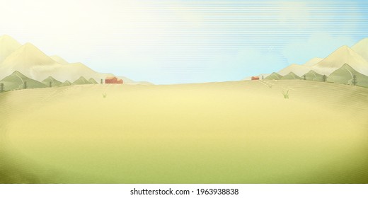 Rural farm scenery background. Hand-drawn illustration in engraving style.