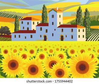 Rural farm surrounded by sunflower fields