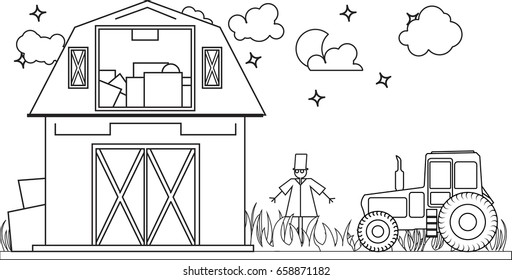 Rural farm and tractor scarecrow thin line on white background night