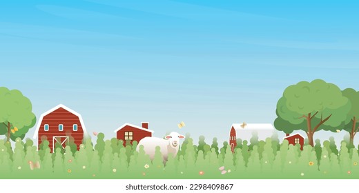 Rural farm and village landscape in the morning vector illustration with blank space. Livestock flat design for eco or daily products advertisement.