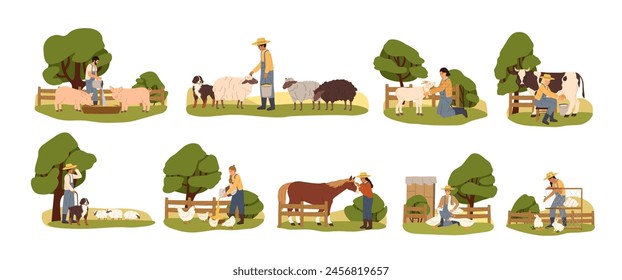 Trabajadores rurales que se preocupan por los animales domésticos. Conjunto de granjeros y ganado. Alimentar y criar pollos, vacas, cerdos, conejos, ovejas en el pueblo. Ilustración vectorial plana aislada sobre fondo blanco