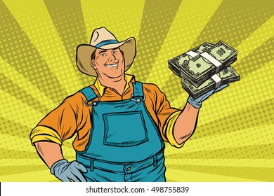 Rural Farmer With Bundles Of Money, Pop Art Retro Vector Illustration. Bank Loans And Financial Profit