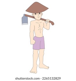 rural farmer is carrying a hoe wearing a hat. vector design illustration art