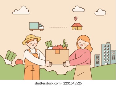 A rural farmer delivers local food directly to an urban customer. flat vector illustration.