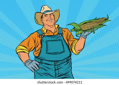 Rural farmer with an ear of corn, pop art retro vector illustration. Agriculture and the harvest