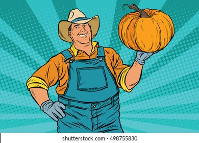 Rural farmer and pumpkin, holiday thanksgiving, pop art retro vector illustration