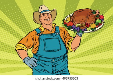 Rural farmer and roast Turkey, pop art retro vector illustration. Family dinner for Christmas or Thanksgiving