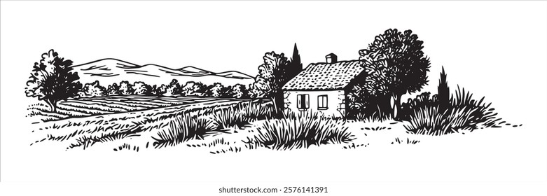 rural farmhouse with fields and hills in black and white hand-drawn style