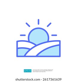 Rural Farming Landscape Icon Depicting Sunrise Over Rolling Fields and Clear Sky