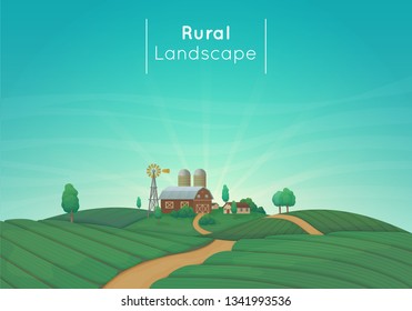 Rural farming landscape vector illustration. Farm house, barn, silos, windmill with bushes and trees. Green agricultural fields with a dirt road. Blue sky with clouds and sunbeams in the background.