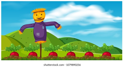 Rural Farming Scene with Scarecrow illustration