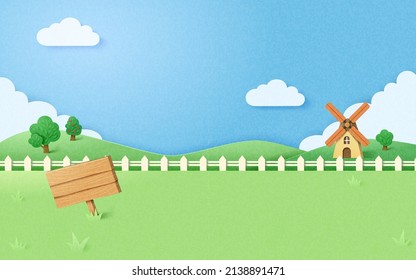 Rural Farmland Background With Windmill, White Fence And Wooden Board. Creative Paper Cut Design. Suitable For Farm Product Use.