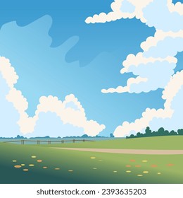 Rural farmland tranquil landscape. Green hills of grass and flowers with blue sky and white clouds. Village fence and nature surroundings. Square composition meadow view landscape. Vector