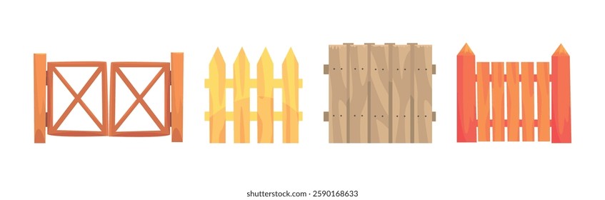 Rural Fence Made of Wood and Lumber Material Vector Set