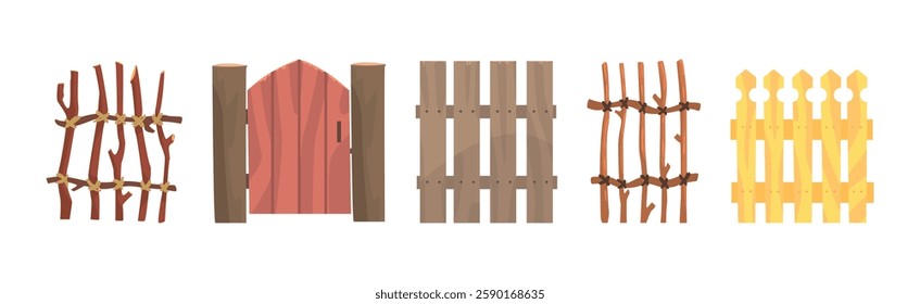 Rural Fence Made of Wood and Lumber Material Vector Set