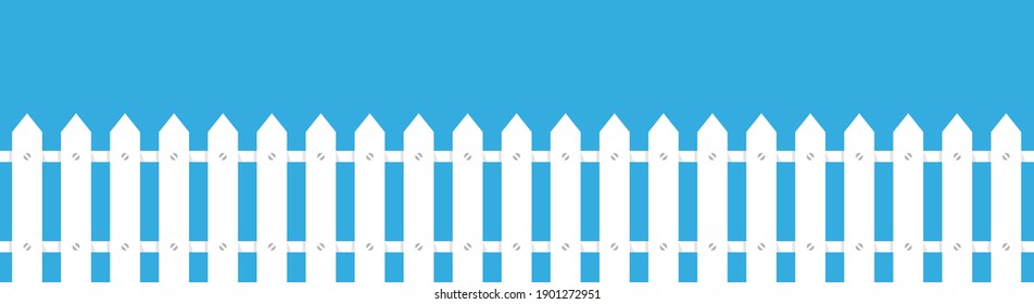 Rural Fence Wooden In Flat Style. White Fence Picket Silhouettes Isolated On Blue Background. Cartoon Vector Illustration. 