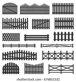 Rural fences wooden set. Constructed from posts, durability and a classical countryside look. Vector flat style illustration isolated on white background