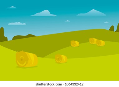 Rural field autumn landscape from agricultural bales of hay vector nature farm countryside illustration. meadow grass scene, village farmland agricultural organic, ranch background.