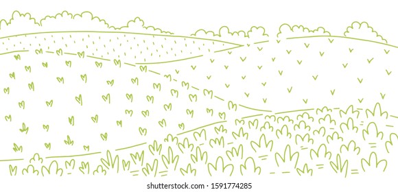 Rural Field Landscape. Growing Vegetables Agricultural Garden Rows. Agriculture Farming. Countryside Landscape. Vector Sketch Line Drawing.