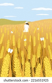 Rural field with ripe wheat and woman, Cereal rye field. Yellow gold autumn agricultural plant. Agricultural wheat harvest. Blue sky, Cloud watercolor. Hand drawn style. Flat vector illustration.