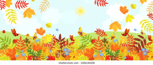 rural fields with colorful falling leaves and flying butterflies.