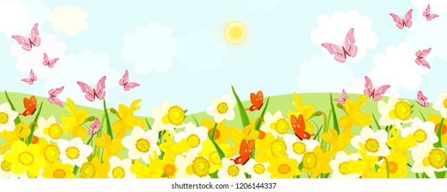 Rural Fields Flowering Daffodils Flying Butterflies Stock Vector ...