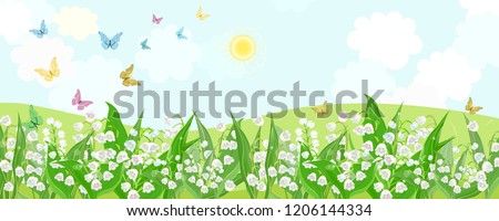 rural fields with flowering lilies of the valley and flying butterflies. 