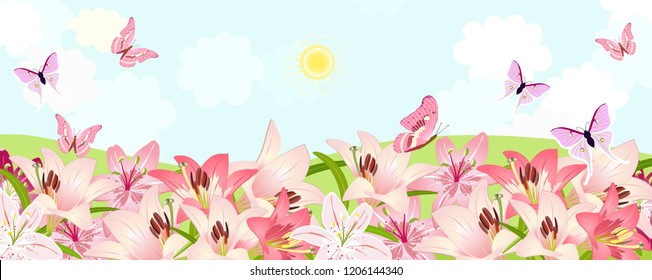 rural fields with flowering lillies and flying butterflies.
