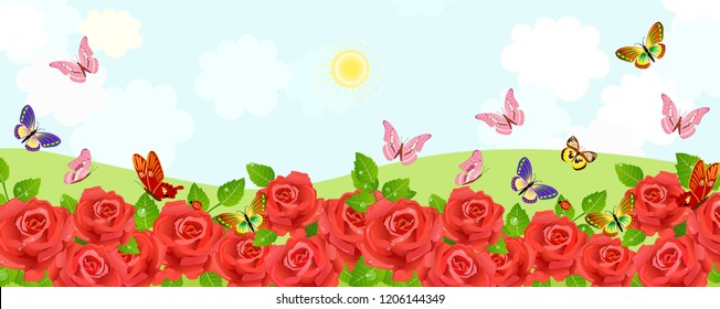 rural fields with flowering red roses and flying butterflies. 