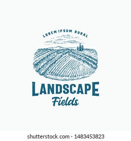 Rural Fields Retro Badge or Logo Template. Hand Drawn Farm Landscape Sketch with Retro Typography. Vintage Sketch Emblem. Isolated.
