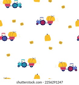 Rural fields seamless pattern. A village of work. Vector hand drawn farm land with tractor and hay. Trendy doodle style, bright palette for baby prints