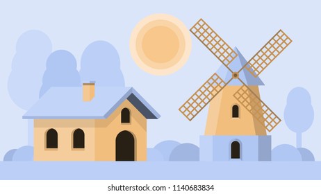Rural Flat Landscape Farm and Windmill