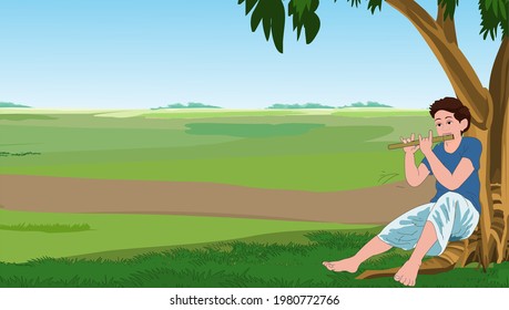 A rural flutist is playing a flute under a tree - illustration