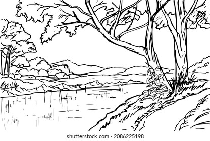 Rural forest landscape with river sketch illustration
