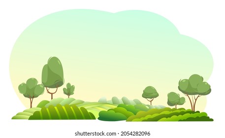 Rural garden hills. Farm morning cute landscape. Funny cartoon design illustration. Flat style. Isolated on white background. Vector