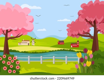 Rural garden landscape with river, hills and houses. Village scene with fence, flowers and trees. Vector drawing. Illustrations for banners, backgrounds, web pages and websites, social networks and