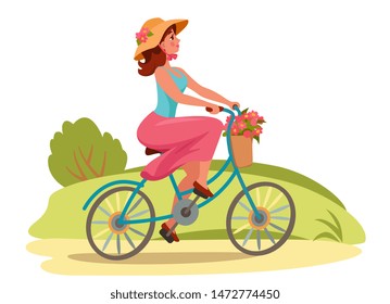 A rural girl in a hat and a skirt rides a bicycle and carries a basket of flowers