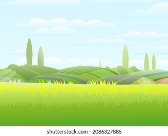 Rural grass field. Vegetables and grassy hills. Farm cute landscape with poplars. Funny cartoon design illustration. Summer pretty sky. Flat style. Vector